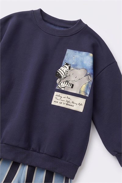 Çocuk Pamuklu Magu And Milo Lacivert Sweatshirt ve Çizgili Eşofman Takımı
