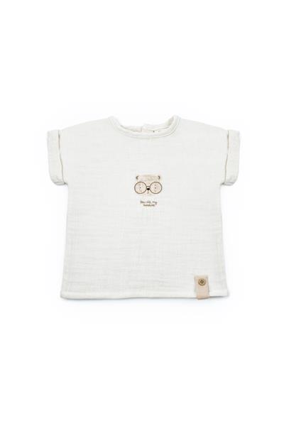 Erkek Bebek Müslin Ekru Ayıcık Baskılı T-shirt ve Cepli Şort Takımı