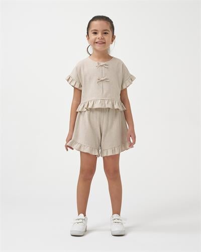 Kız Çocuk Keten Bej Fırfır Detaylı Kısa Kollu Şortlu Takım 