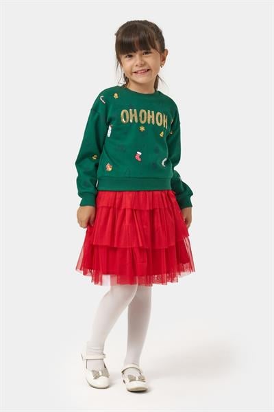 Kız Çocuk Pamuklu Yeşil Sweatshirt ve Kırmızı Tül Etek Takım - Yılbaşı Konseptli