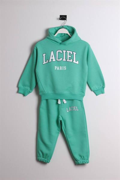 Unisex Çocuk Pamuklu Yeşil Baskılı Kapüşonlu Sweatshirt ve Paça Lastikli Eşofman Alt-Üst Takım