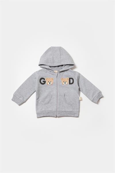 Bebek Pamuklu Gri Kapüşonlu Ayıcık Baskılı Eşofman Takımı - İki Parça