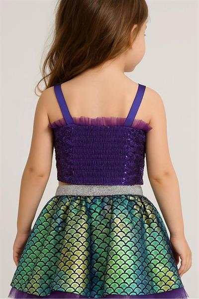 Kız Çocuk Payetli Mor Deniz Kızı Temalı Takım - Askılı Crop ve Pul Detaylı Etek