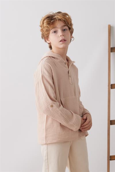 Müslin Kapüşonlu Erkek Çocuk Gömlek Rahat ve Şık Tasarım