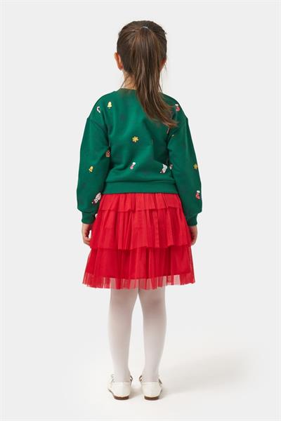 Kız Çocuk Pamuklu Yeşil Sweatshirt ve Kırmızı Tül Etek Takım - Yılbaşı Konseptli