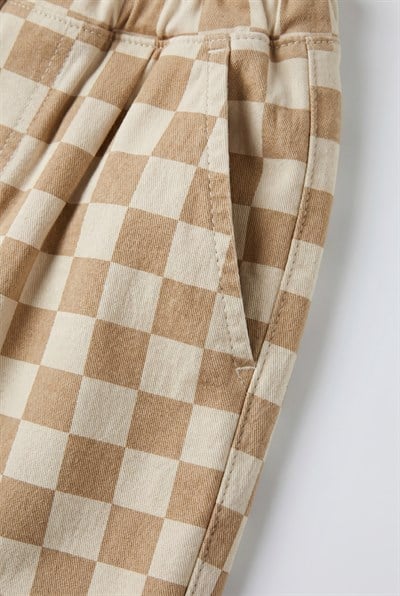 Çocuk Pamuklu Bej Dama Desenli Oversize Pantolon