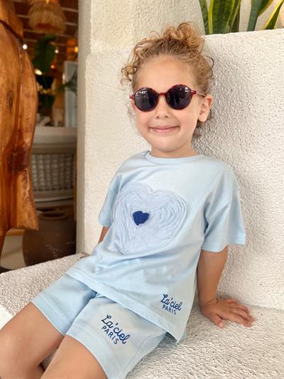 Kız Çocuk Pamuklu Açık Mavi Kalp Desenli Şortlu Takım - Laciel Paris Yazılı
