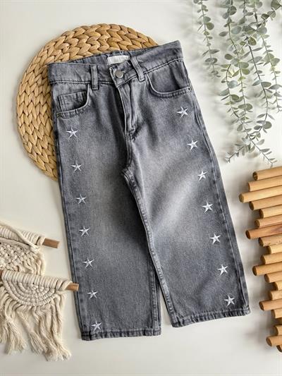 Kız Çocuk Pamuklu Gri Yıldız Desenli Denim Pantolon – Rahat Kesim, Günlük Kullanım