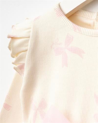 Kız Bebek Pamuklu Ekru Pembe Tüllü Fiyonklu Elbise - Uzun Kollu Ribana