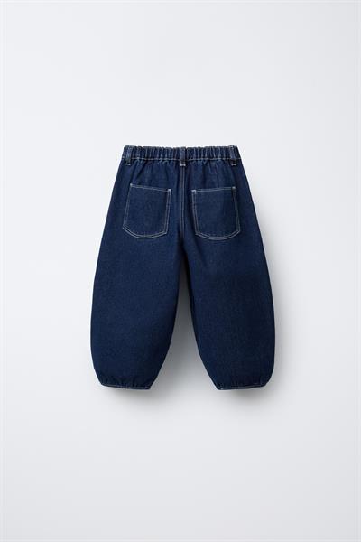 Unisex Çocuk Pamuklu Lacivert Balloon Denim Jeans Pantolon - Rahat Kalıp Lastikli Paça