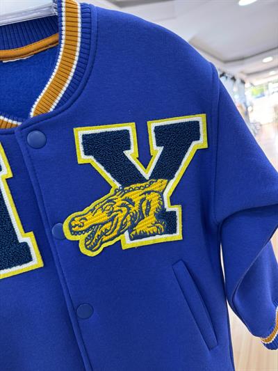 Unisex Çocuk Pamuklu Lacivert Kolej Ceket - Harf ve Ejderha Aplikeli Bomber Mont