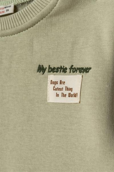 Erkek Çocuk Pamuklu Yeşil Sweatshirt ve Köpek Nakışlı Eşofman Altı İkili Takım