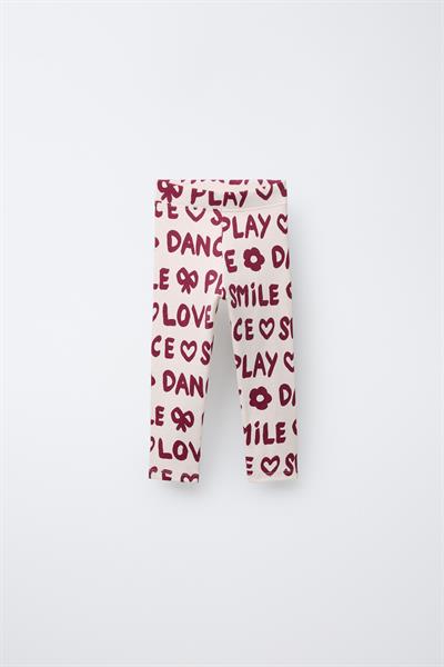 Kız Çocuk Pamuklu Ekru Bordo Yazı Baskılı Sweatshirt ve Tayt Takım - Love Smile Dance