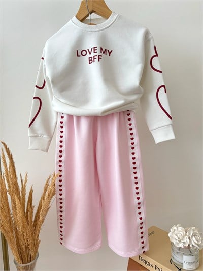 Kız Çocuk Pamuklu Kalp Detaylı Ekru Sweatshirt ve Pembe Pantolon Takımı