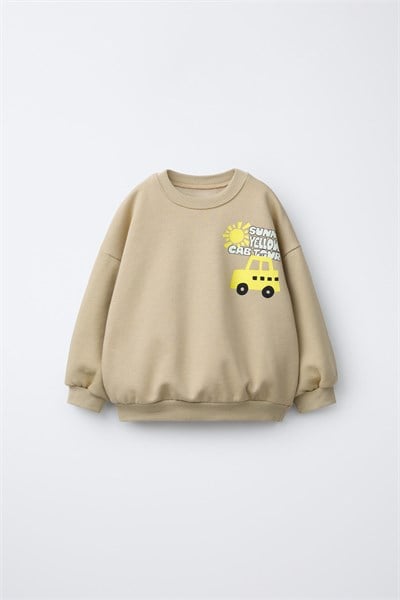 Çocuk Baskılı Bej Sweatshirt ve Dama Desenli Eşofman Altı Takımı