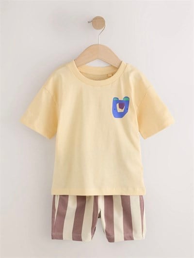 Erkek Çocuk Pamuklu Sarı Ayı Baskılı T-Shirt ve Çizgili Şort Takım - Yazlık