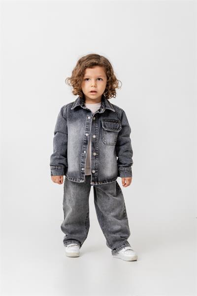 Erkek Çocuk Pamuklu Gri Denim Ceket & Pantolon Takım