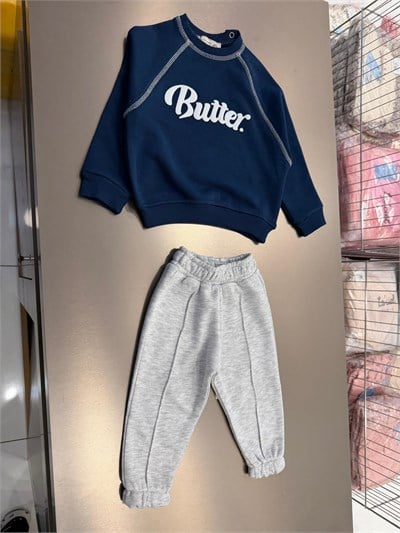 Bebek Pamuklu Butter Baskılı Lacivert Sweatshirt ve Gri Eşofman Altı Takımı