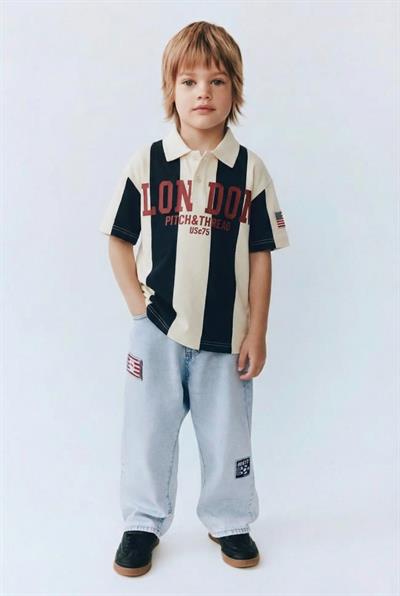 Erkek Çocuk Pamuklu Oversize Polo Yaka Baskılı T-Shirt ve Bol Paça Kot Pantolon Takım