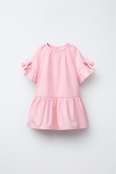 Kız Çocuk Pamuklu Pembe Fiyonklu Volan Kol Elbise - Günlük Yazlık Model