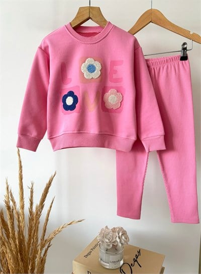 Kız Çocuk Çiçek Aplikeli Pembe Sweatshirt ve Tayt Takımı
