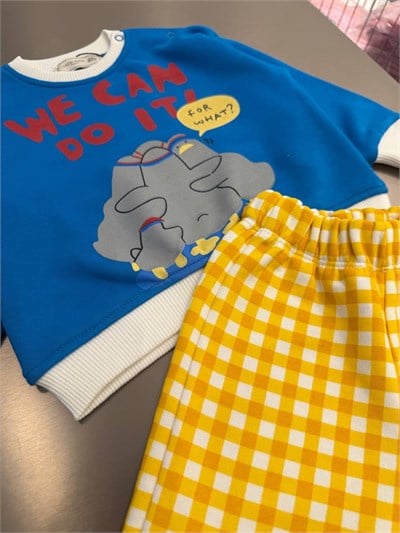 Çocuk Pamuklu Fil Baskılı Mavi Sweatshirt ve Sarı Pötikare Pantolon Takımı