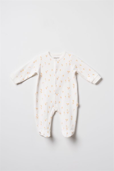 Unisex Bebek Pamuklu Ekru 2li Patikli Tulum Seti - Desenli ve Cepli