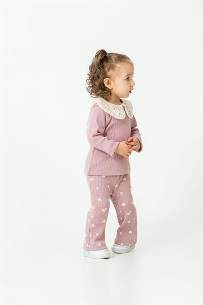Kız Çocuk Pamuklu Lila Dantel Yaka Sweatshirt ve Çiçek Desenli Tayt İkili Takım