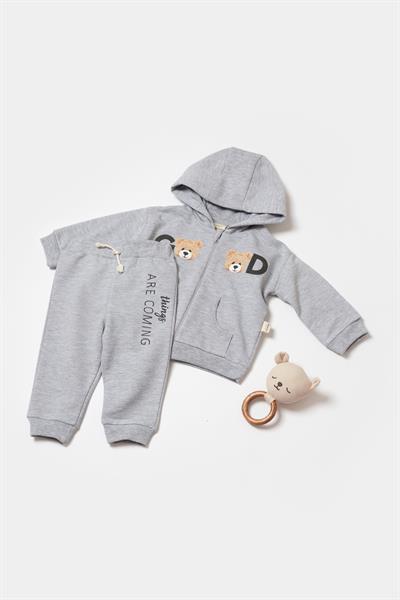 Bebek Pamuklu Gri Kapüşonlu Ayıcık Baskılı Eşofman Takımı - İki Parça