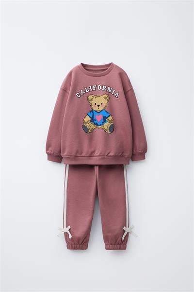 Kız Çocuk Pamuklu Ayıcık Baskılı Sweatshirt Eşofman Alt-Üst Takım - Pembe