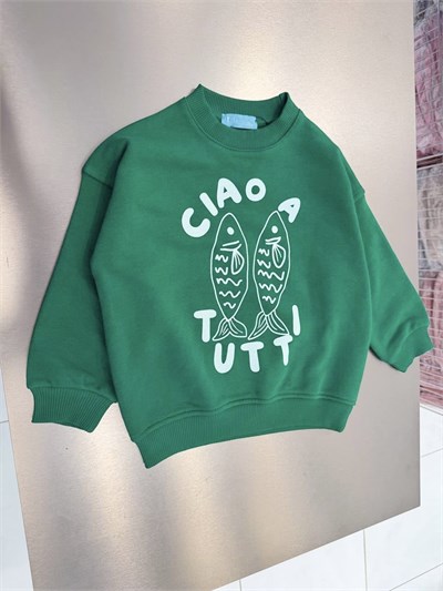 Çocuk Pamuklu Balık Baskılı Yeşil Sweatshirt