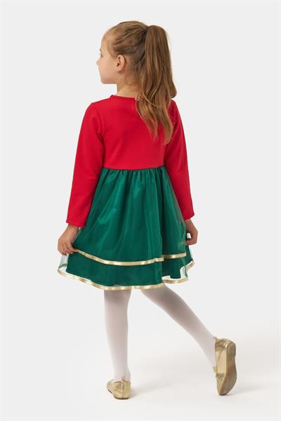 Kız Çocuk Pamuklu Kırmızı Noel Ağacı Desenli Elbise - Tüllü ve Ponpon Detaylı Yılbaşı Elbisesi