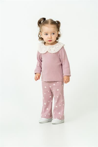 Kız Çocuk Pamuklu Lila Dantel Yaka Sweatshirt ve Çiçek Desenli Tayt İkili Takım