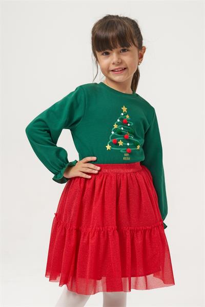 Kız Çocuk Pamuklu Yeşil Yılbaşı Ağaç Baskılı Uzun Kollu Kırmızı Tüllü Takım - Happy Holidays Temalı