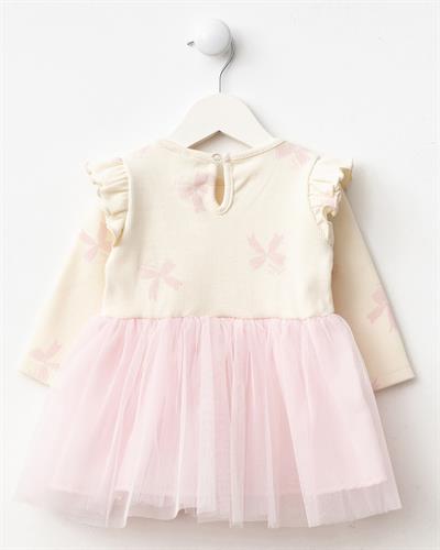 Kız Bebek Pamuklu Ekru Pembe Tüllü Fiyonklu Elbise - Uzun Kollu Ribana