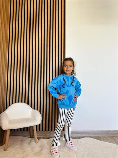 Kız Çocuk Pamuklu Mavi Çiçek Desenli Sweatshirt Çizgili Pantolon Takım