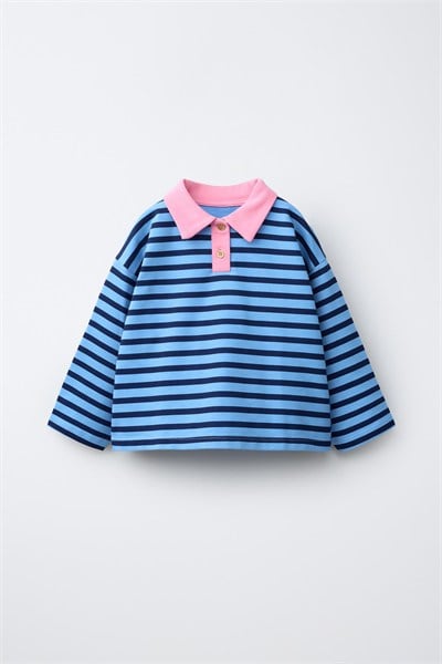 Kız Çocuk Pamuklu Polo Yaka Mavi Çizgili Sweatshirt