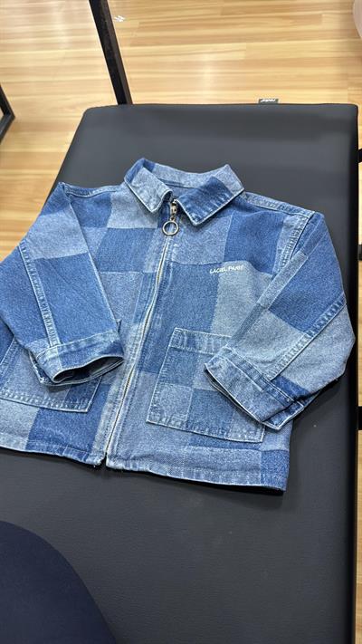 Unisex Çocuk Pamuklu Mavi Kare Desenli Fermuarlı Denim Ceket – Şık Günlük Tarz