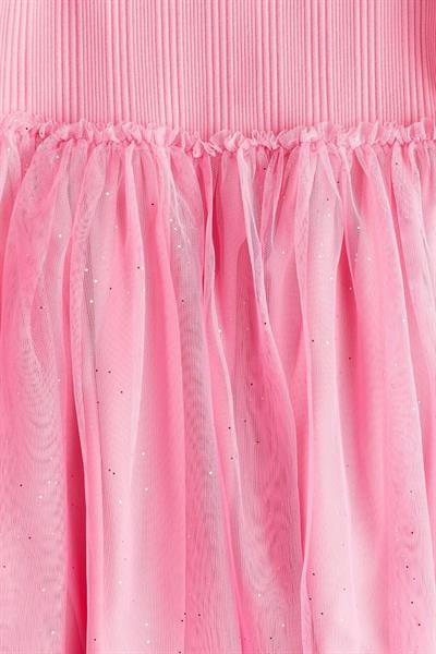 Kız Çocuk Pamuklu Pembe Simli Tüllü Kısa Kollu Elbise – Parti & Günlük Kullanım