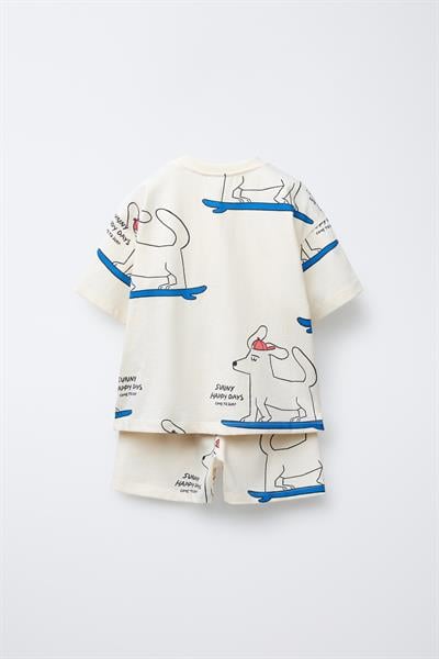 Erkek Çocuk Pamuklu Ekru Sörf Köpek Desenli T-Shirt ve Şort Eşofman Takım - Oversize Rahat Kalıp