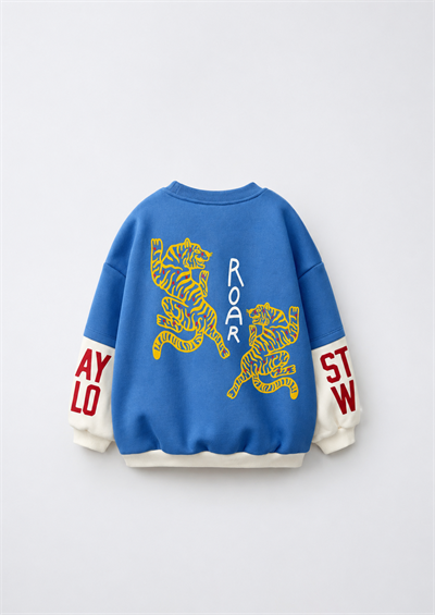 Çocuk Pamuklu Kaplan Baskılı Mavi Sweatshirt