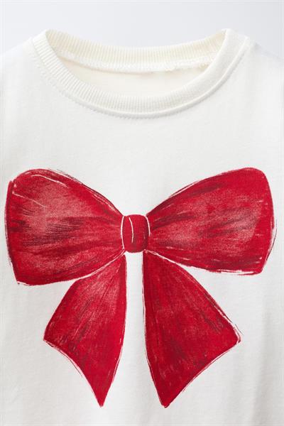 Kız Çocuk Pamuklu Ekru Fiyonk Baskılı Uzun Kollu T-shirt