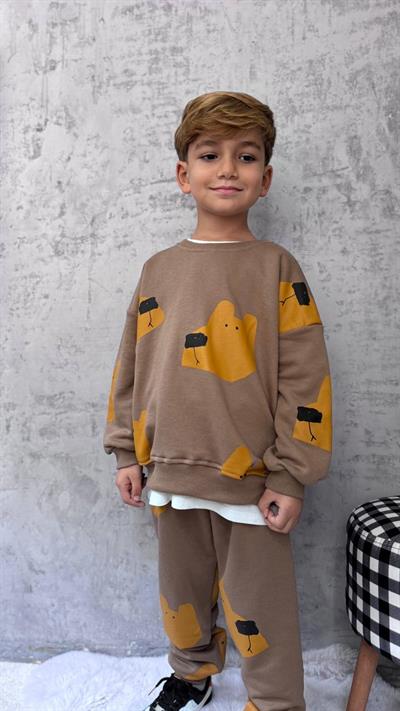 Erkek Çocuk Pamuklu Kahverengi Ayı Desenli Sweatshirt ve Jogger Eşofman Takımı - Rahat Günlük Stil