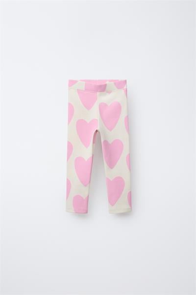 Kız Çocuk Pamuklu Ekru Pembe Kalp Desenli Sweatshirt ve Tayt Takım - Love