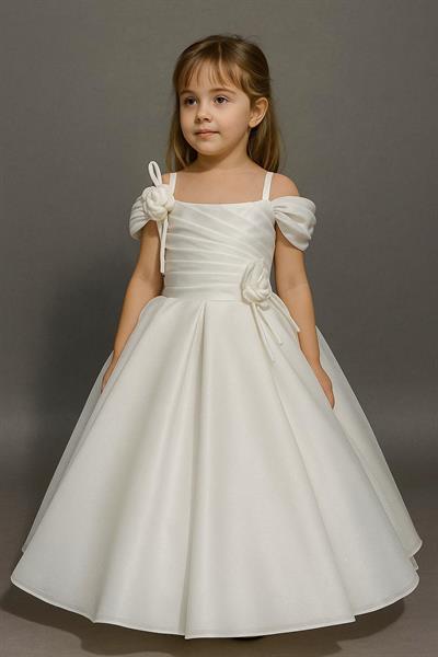 Kız Çocuk Tarlatanlı  Beyaz Çiçek Aksesuarlı Abiye Elbise