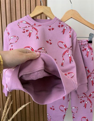 Kız Çocuk Pamuklu Pembe Kurdele Desenli Eşofman Takımı - Kalpli Desenli Sweat ve Alt