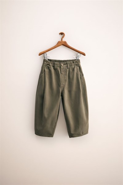 Unisex Çocuk Pamuklu Haki Cepli Pantolon - Lastikli Bel Rahat Kalıp
