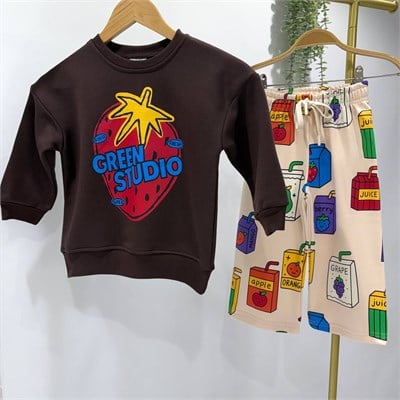 Çocuk Baskılı Kahverengi Sweatshirt ve Eşofman Takımı