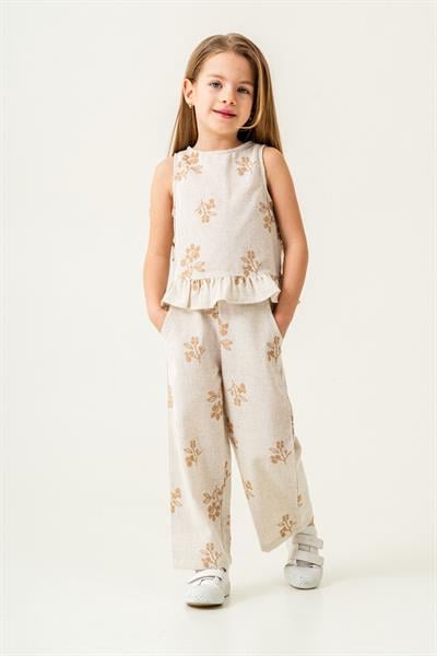Kız Çocuk Ekru Çiçek Desenli Poplin Keten Bluz ve Pantolon Takımı