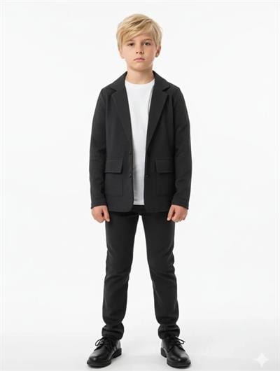 Erkek Çocuk Pamuklu Siyah Blazer Ceket Pantolon Takım - Beyaz T-shirt Dahil 3lü Şık Kombin Set